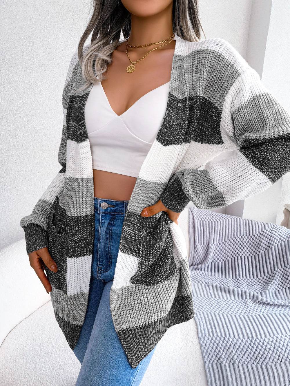 Plaid Sweater Women Casual Lantern Sleeves Cardigan Jacket Outerwear Clothes - MYLUXURY LANE ENTERPRISE