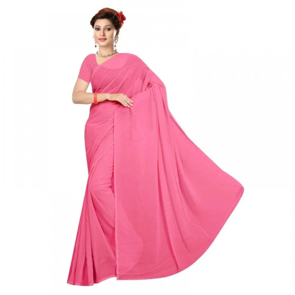 Generic Women's Georgette Plain Saree With Blouse (Pink, 5-6 Mtrs) - MYLUXURY LANE ENTERPRISE