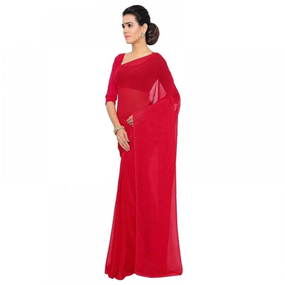 Generic Women's Georgette Plain Saree With Blouse (Red, 5-6 Mtrs) - MYLUXURY LANE ENTERPRISE