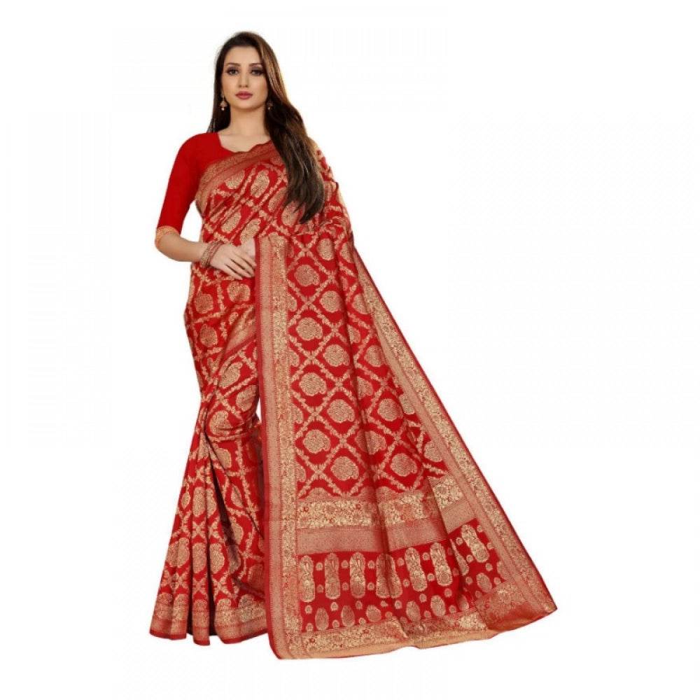 Generic Women's Jacquard Silk Kanjivaram Jacquard Silk Saree With Blouse (Red, 5-6 Mtrs) - MYLUXURY LANE ENTERPRISE