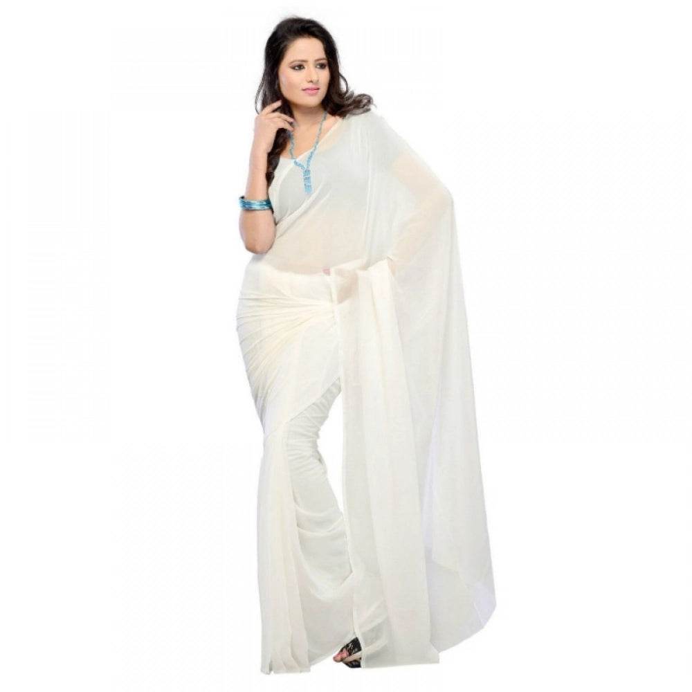 Generic Women's Georgette Plain Saree With Blouse (white, 5-6 Mtrs) - MYLUXURY LANE ENTERPRISE
