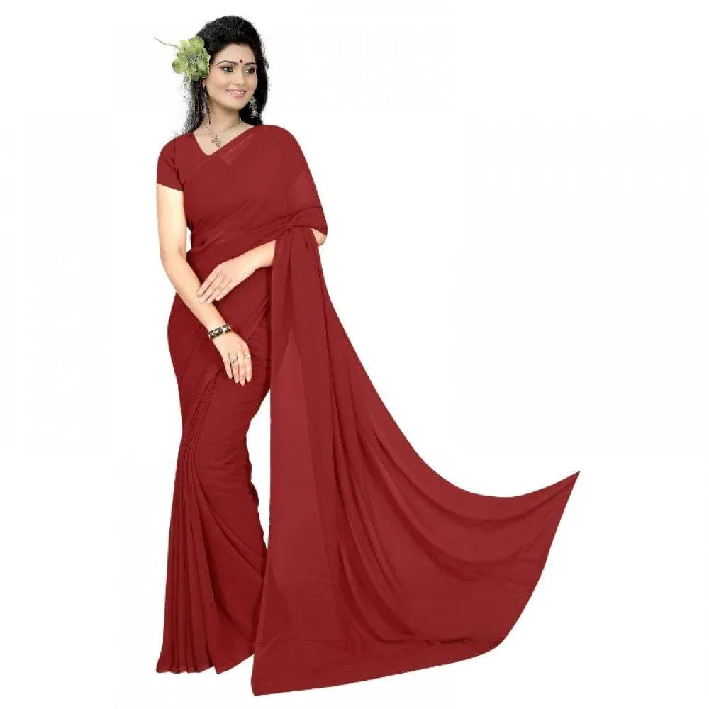 Generic Women's Georgette Plain Saree With Blouse (Maroon, 5-6 Mtrs) - MYLUXURY LANE ENTERPRISE