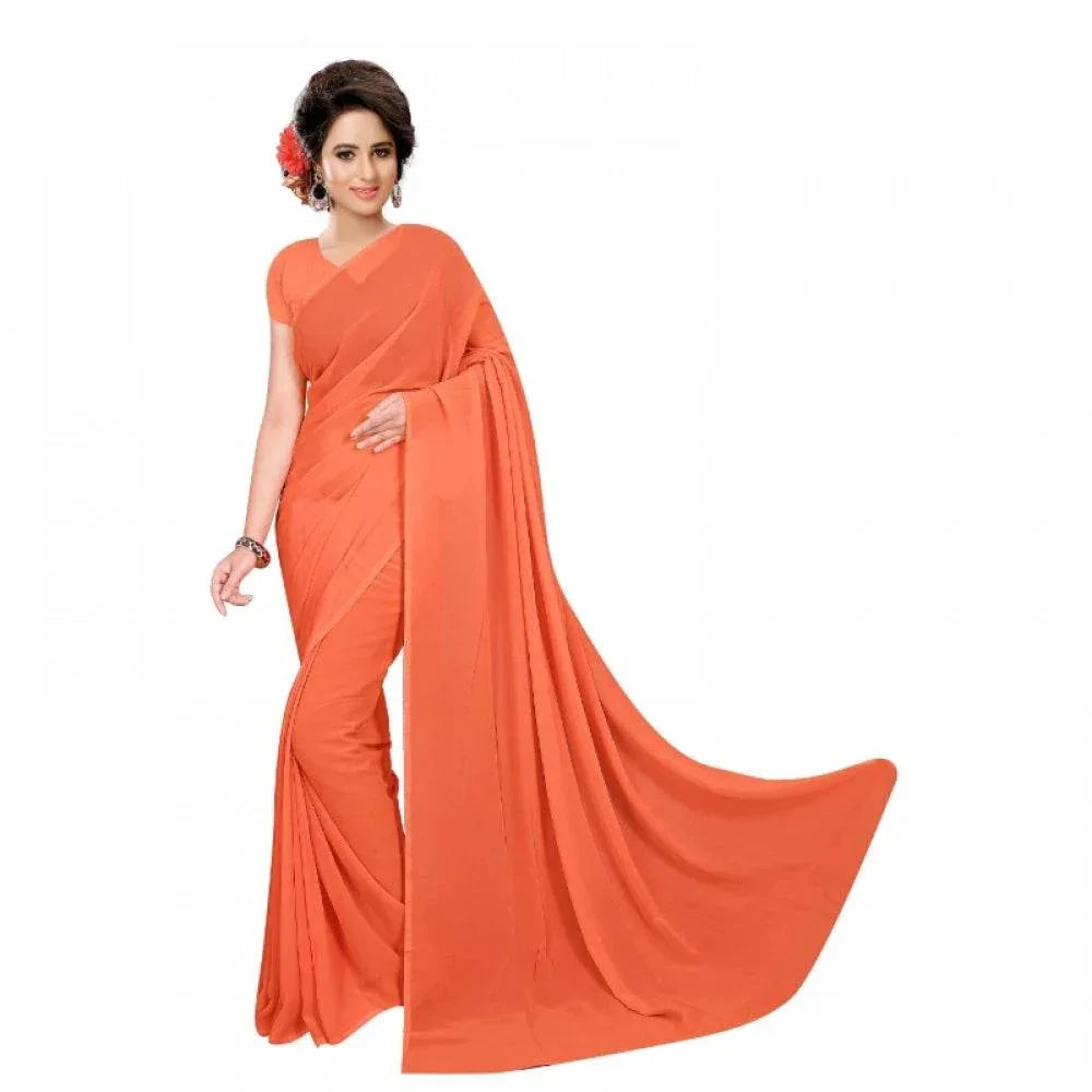 Generic Women's Georgette Plain Saree With Blouse (Orange, 5-6 Mtrs) - MYLUXURY LANE ENTERPRISE