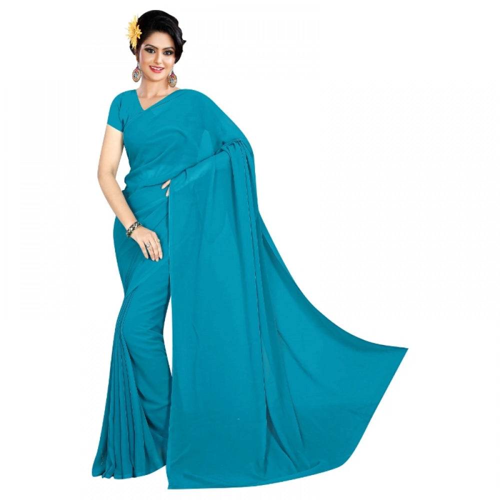 Generic Women's Georgette Plain Saree With Blouse (Dark Firozi, 5-6 Mtrs) - MYLUXURY LANE ENTERPRISE