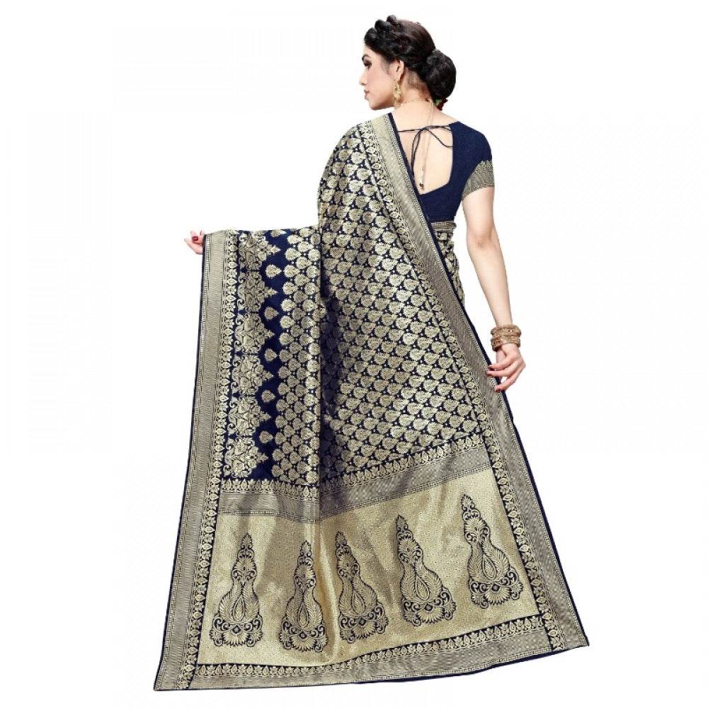 Generic Women's Jacquard Silk Kanjivaram Jacquard Silk Saree With Blouse (Navy Blue, 5-6 Mtrs) - MYLUXURY LANE ENTERPRISE