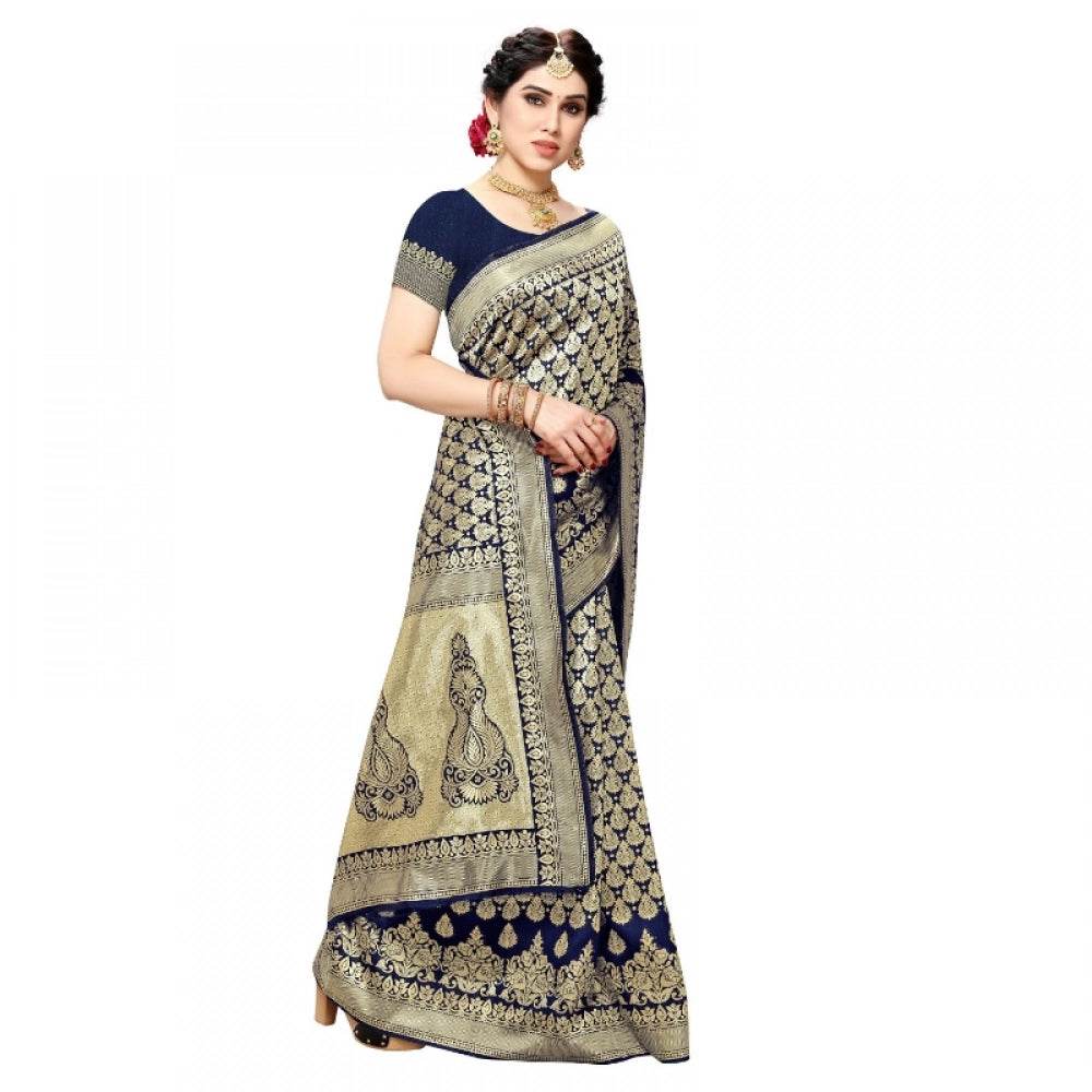 Generic Women's Jacquard Silk Kanjivaram Jacquard Silk Saree With Blouse (Navy Blue, 5-6 Mtrs) - MYLUXURY LANE ENTERPRISE