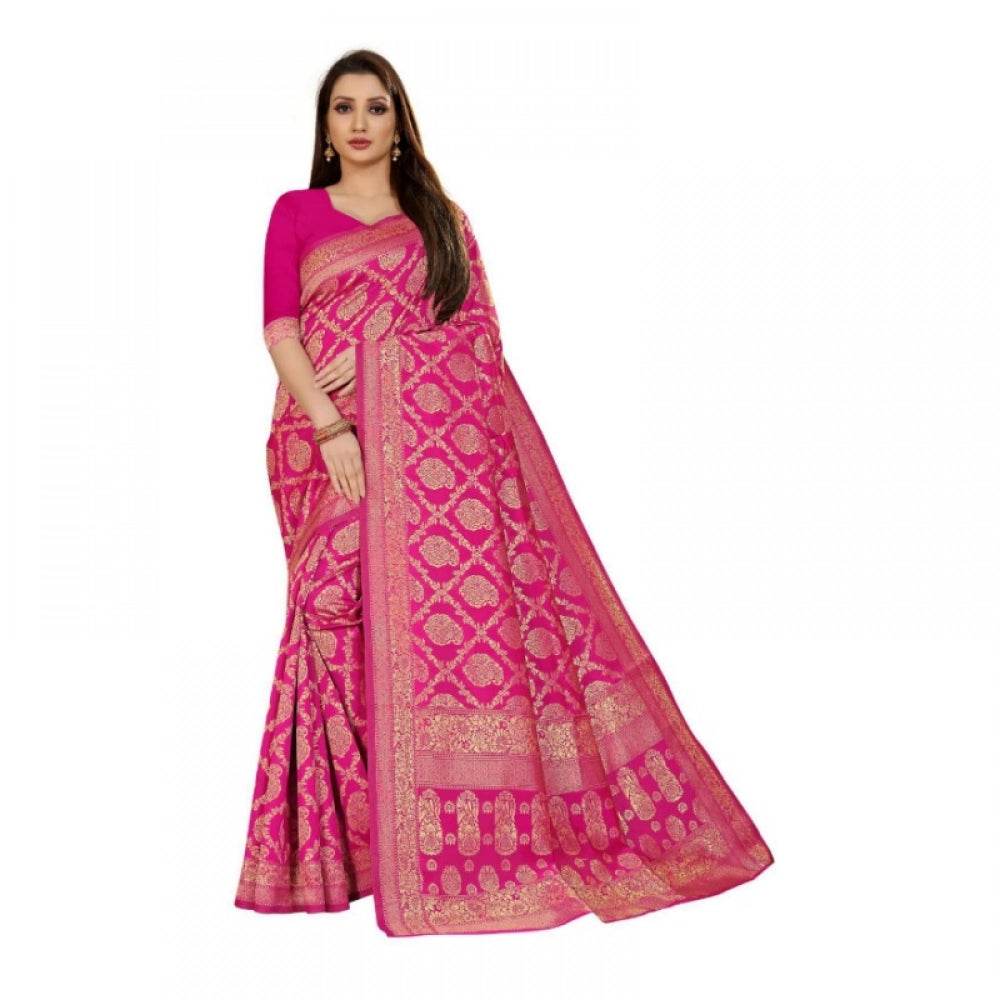 Generic Women's Jacquard Silk Kanjivaram Jacquard Silk Saree With Blouse (Pink, 5-6 Mtrs) - MYLUXURY LANE ENTERPRISE