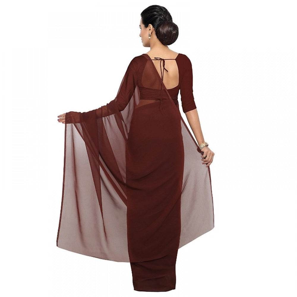 Generic Women's Georgette Plain Saree With Blouse (Coffee, 5-6 Mtrs) - MYLUXURY LANE ENTERPRISE