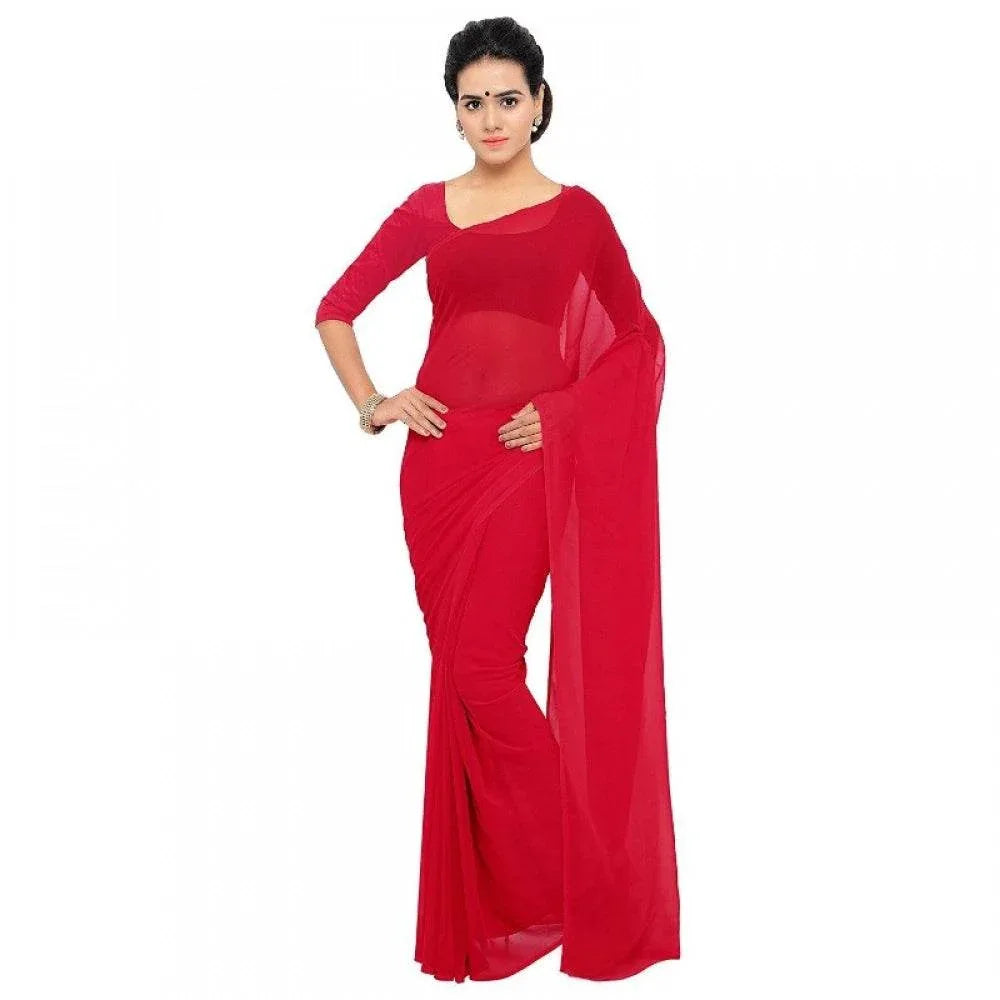 Generic Women's Georgette Plain Saree With Blouse (Red, 5-6 Mtrs) - MYLUXURY LANE ENTERPRISE