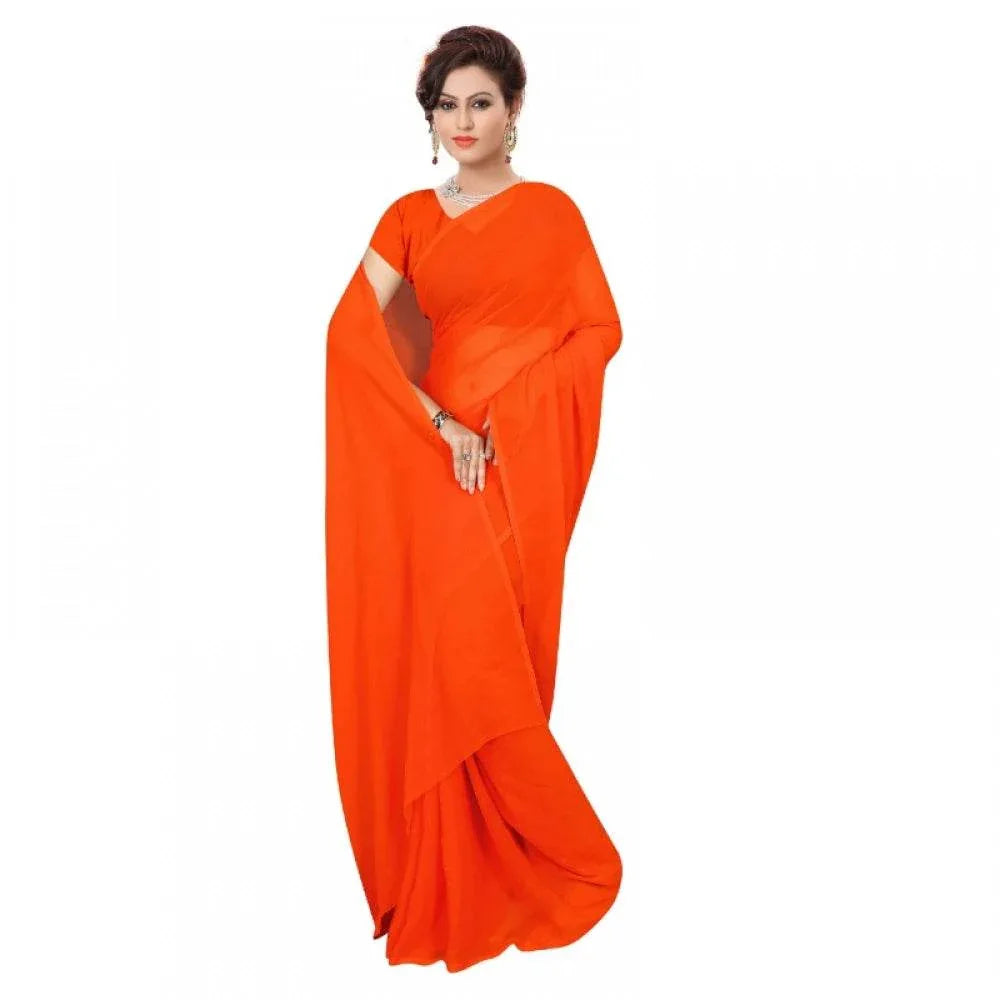 Generic Women's Georgette Plain Saree With Blouse (Orange, 5-6 Mtrs) - MYLUXURY LANE ENTERPRISE