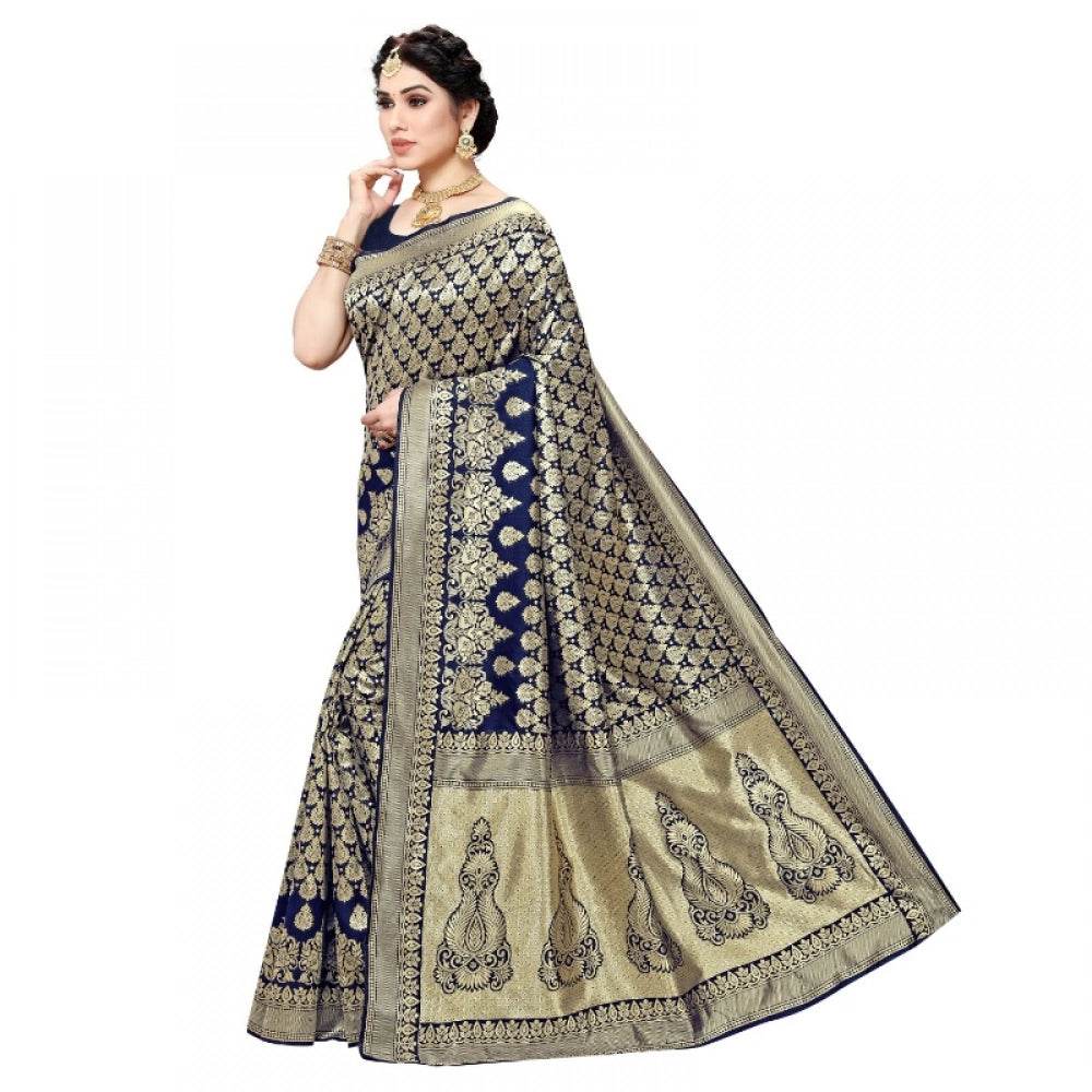 Generic Women's Jacquard Silk Kanjivaram Jacquard Silk Saree With Blouse (Navy Blue, 5-6 Mtrs) - MYLUXURY LANE ENTERPRISE