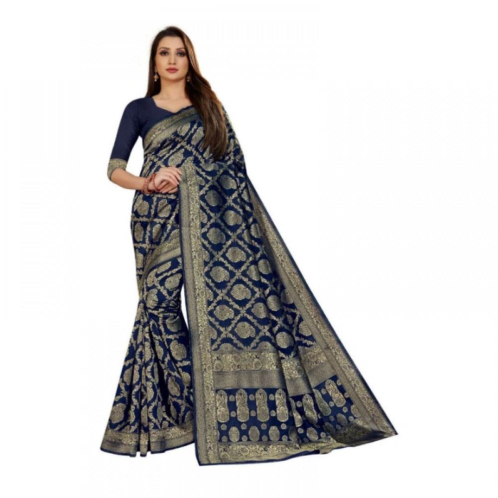 Generic Women's Jacquard Silk Kanjivaram Jacquard Silk Saree With Blouse (Navy Blue, 5-6 Mtrs) - MYLUXURY LANE ENTERPRISE