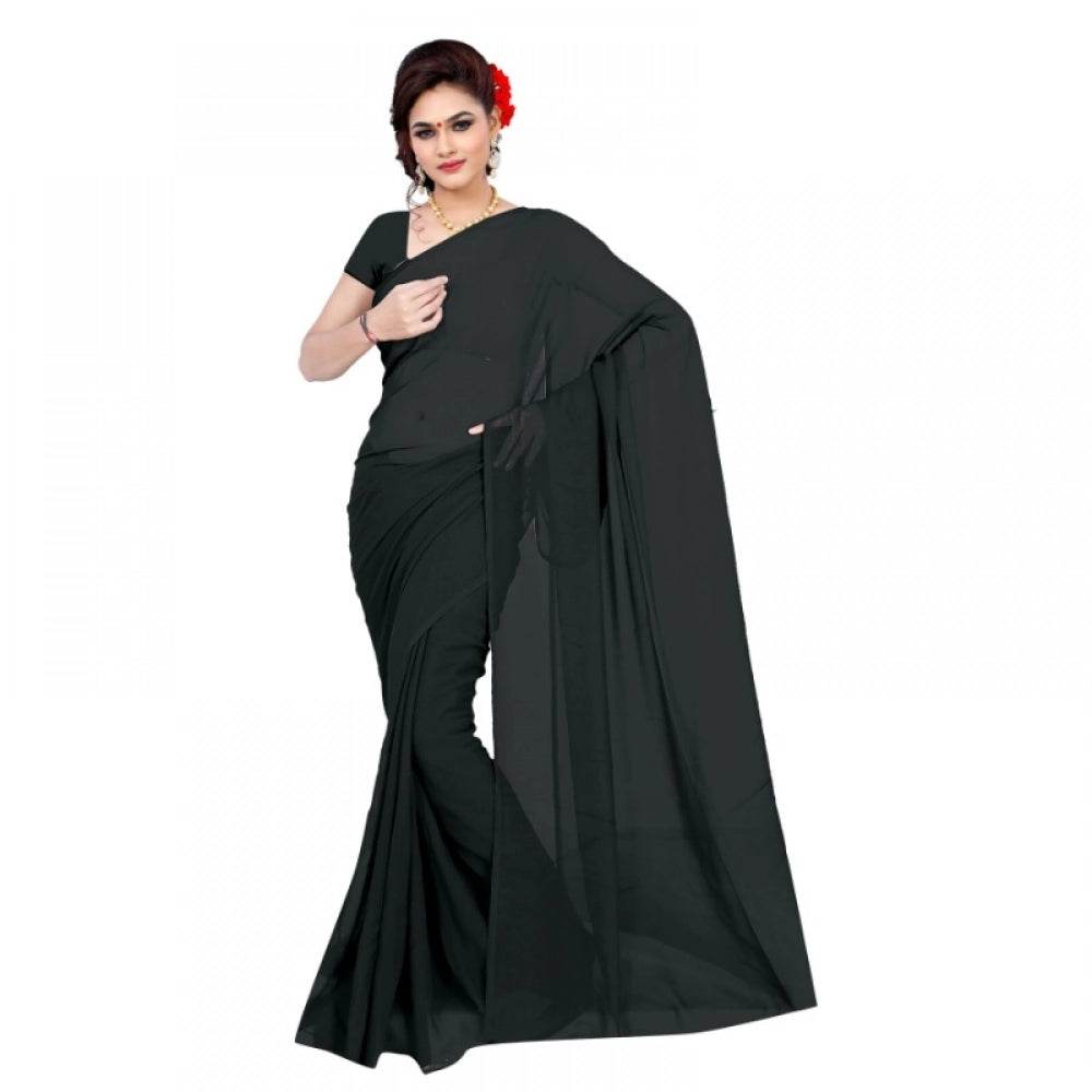 Generic Women's Georgette Plain Saree With Blouse (Black, 5-6 Mtrs) - MYLUXURY LANE ENTERPRISE