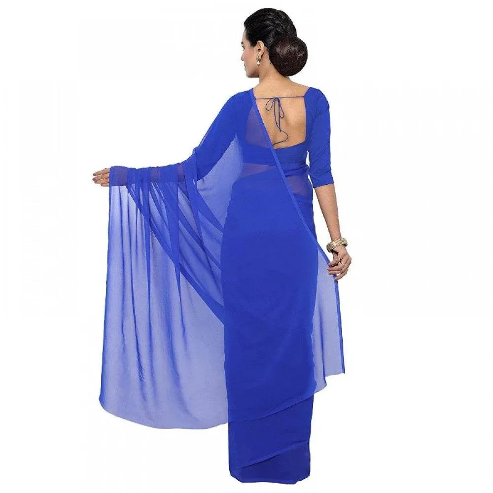 Generic Women's Georgette Plain Saree With Blouse (Royal Blue, 5-6 Mtrs) - MYLUXURY LANE ENTERPRISE
