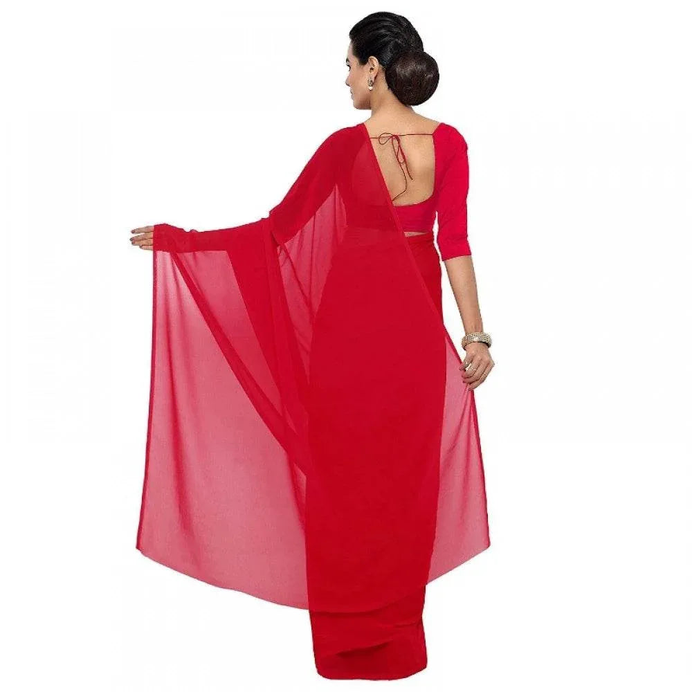 Generic Women's Georgette Plain Saree With Blouse (Red, 5-6 Mtrs) - MYLUXURY LANE ENTERPRISE