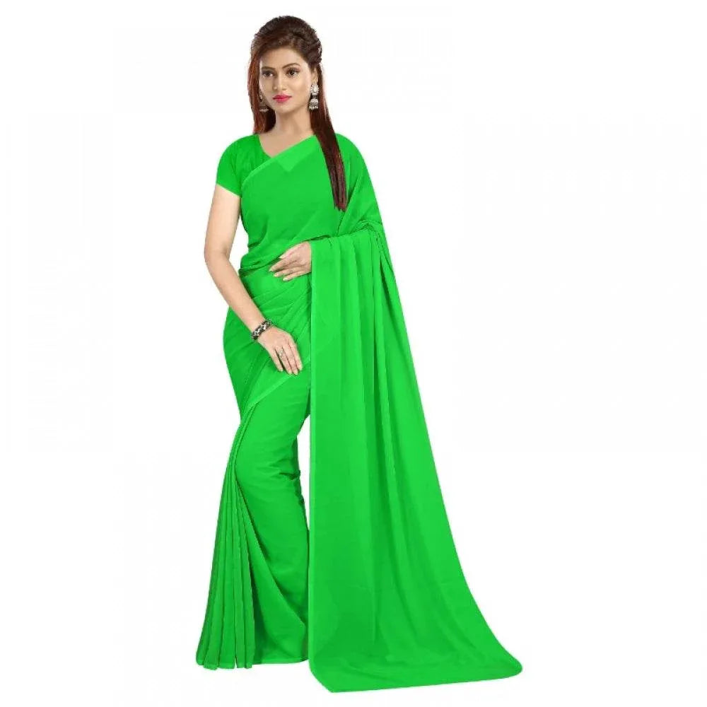Generic Women's Georgette Plain Saree With Blouse (parrot Green, 5-6 Mtrs) - MYLUXURY LANE ENTERPRISE