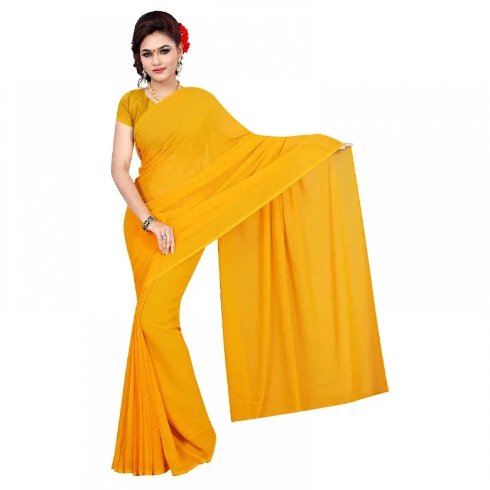 Generic Women's Georgette Plain Saree With Blouse (Gold, 5-6 Mtrs) - MYLUXURY LANE ENTERPRISE