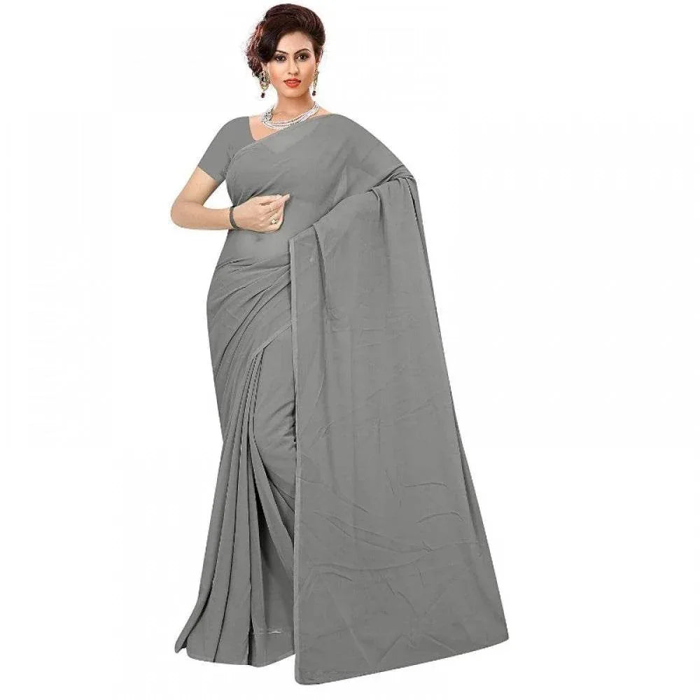 Generic Women's Georgette Plain Saree With Blouse (Grey, 5-6 Mtrs) - MYLUXURY LANE ENTERPRISE