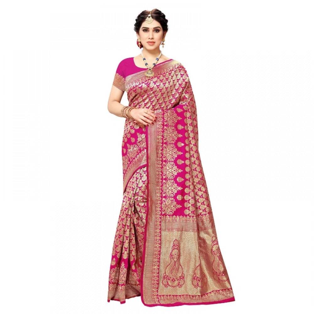 Generic Women's Jacquard Silk Kanjivaram Jacquard Silk Saree With Blouse (Pink, 5-6 Mtrs) - MYLUXURY LANE ENTERPRISE