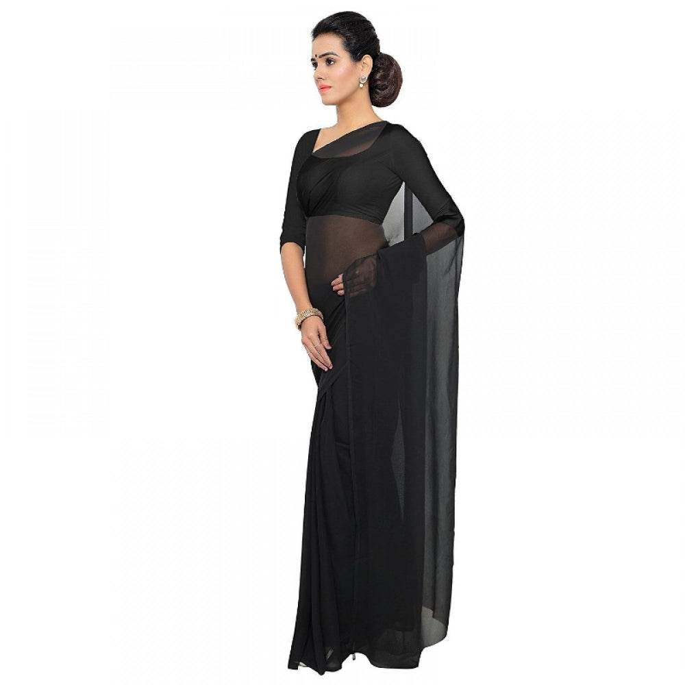 Generic Women's Georgette Plain Saree With Blouse (Black, 5-6 Mtrs) - MYLUXURY LANE ENTERPRISE