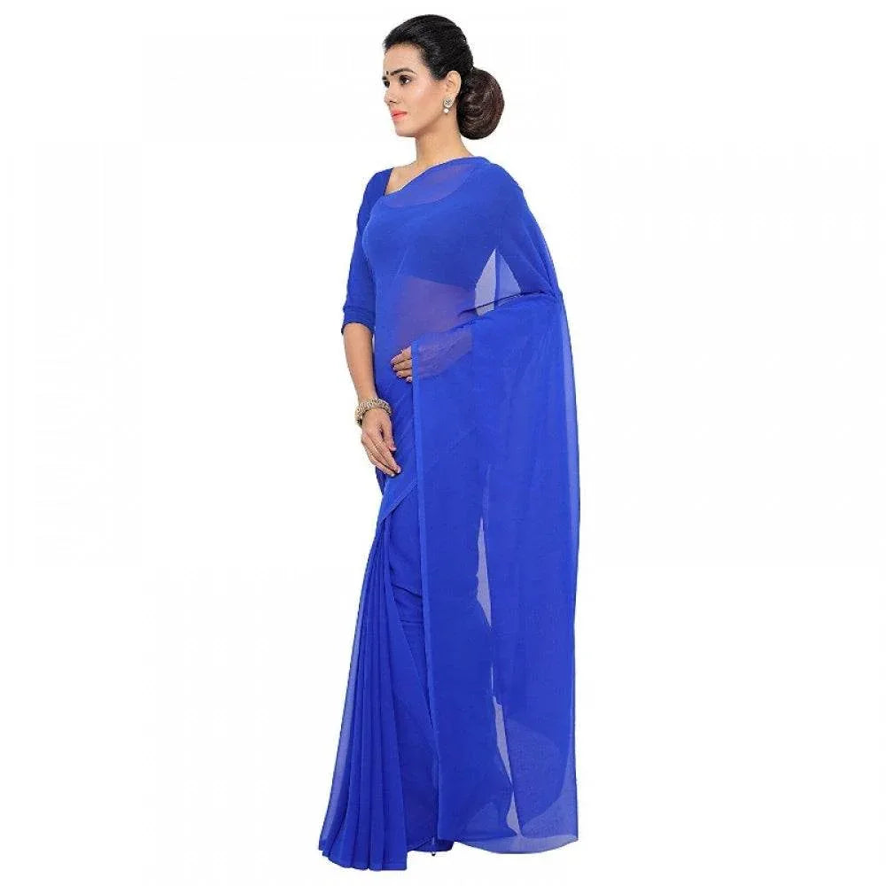 Generic Women's Georgette Plain Saree With Blouse (Royal Blue, 5-6 Mtrs) - MYLUXURY LANE ENTERPRISE