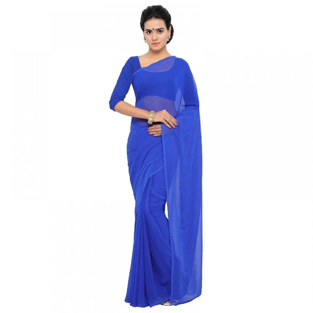 Generic Women's Georgette Plain Saree With Blouse (Royal Blue, 5-6 Mtrs) - MYLUXURY LANE ENTERPRISE