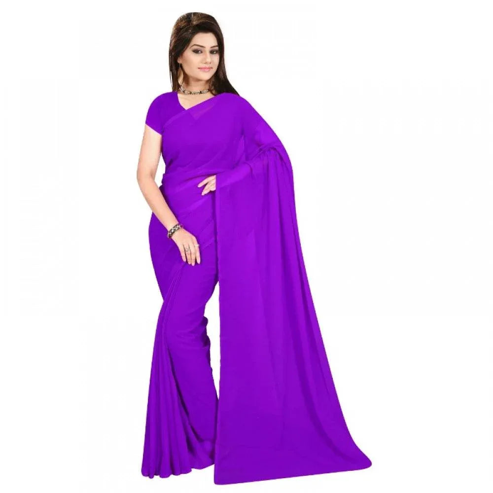 Generic Women's Georgette Plain Saree With Blouse (Purple, 5-6 Mtrs) - MYLUXURY LANE ENTERPRISE