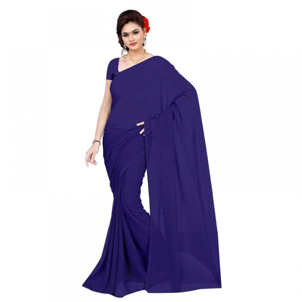 Generic Women's Georgette Plain Saree With Blouse (Navy Blue, 5-6 Mtrs) - MYLUXURY LANE ENTERPRISE