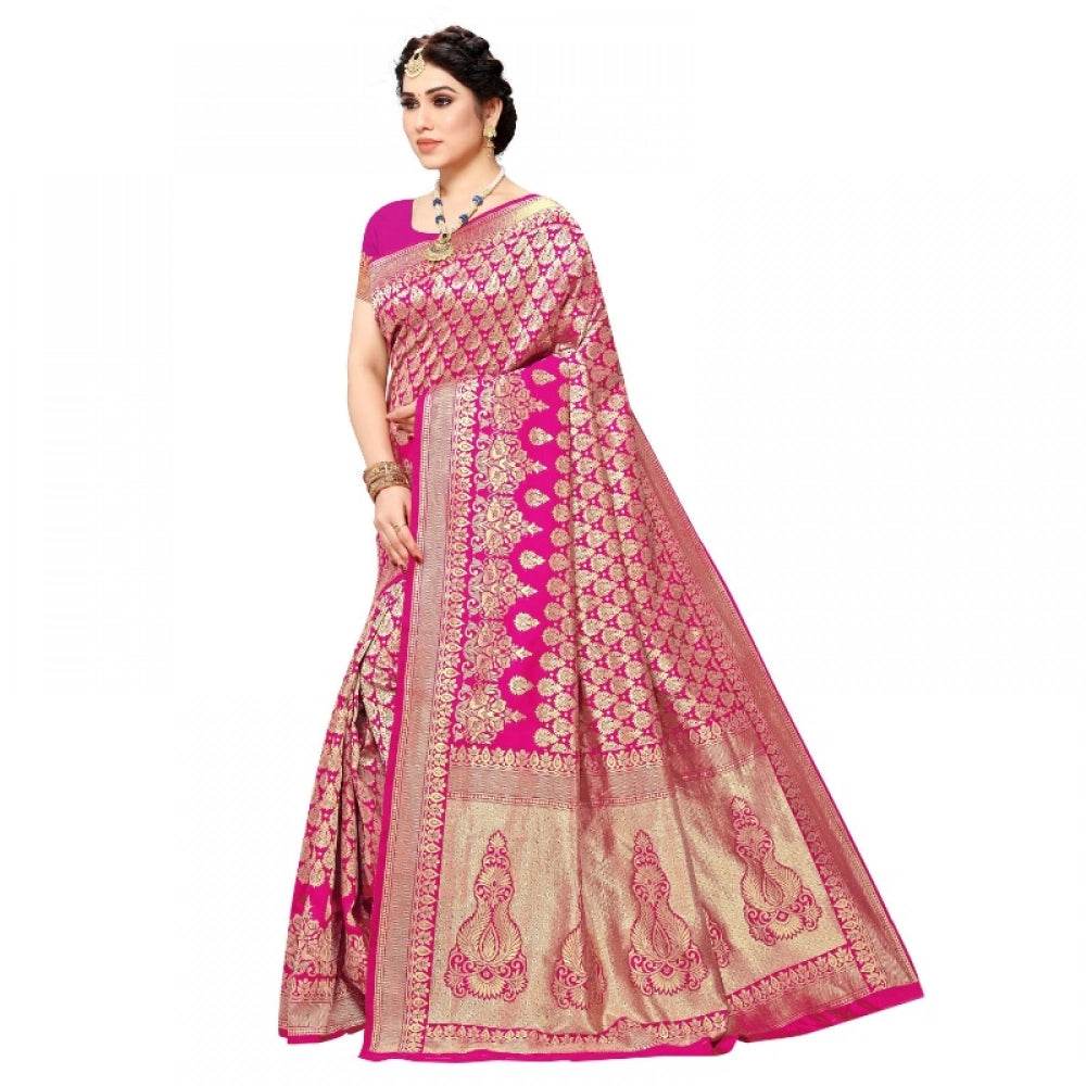 Generic Women's Jacquard Silk Kanjivaram Jacquard Silk Saree With Blouse (Pink, 5-6 Mtrs) - MYLUXURY LANE ENTERPRISE