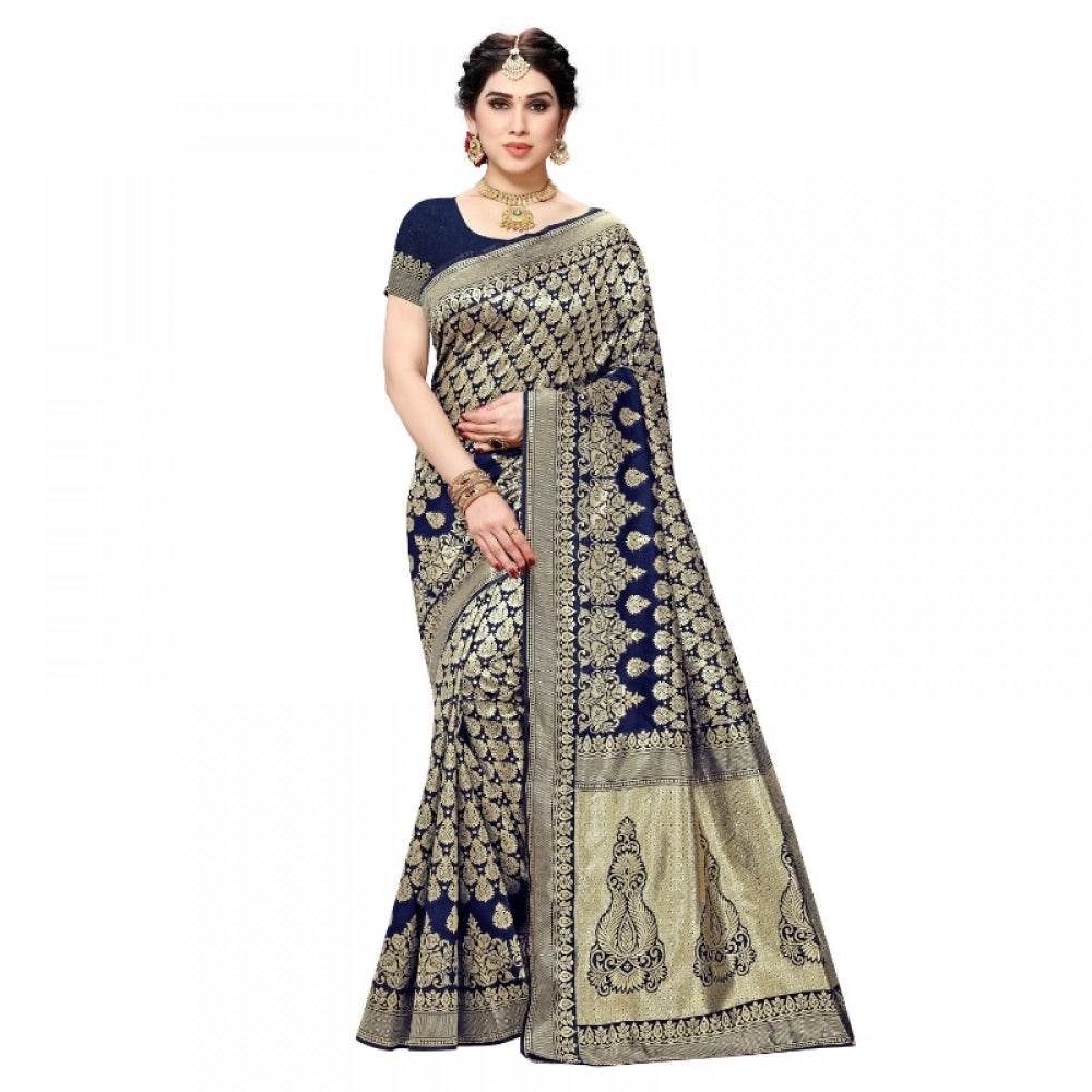 Generic Women's Jacquard Silk Kanjivaram Jacquard Silk Saree With Blouse (Navy Blue, 5-6 Mtrs) - MYLUXURY LANE ENTERPRISE