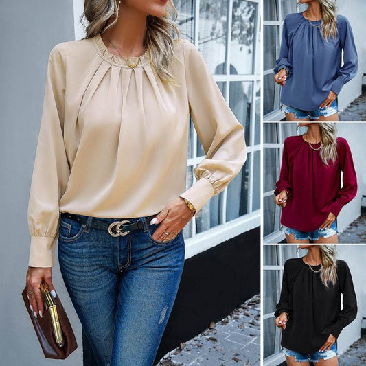 Elegant Lace Collar Long Sleeve Solid Color Top - MYLUXURY LANE ENTERPRISE