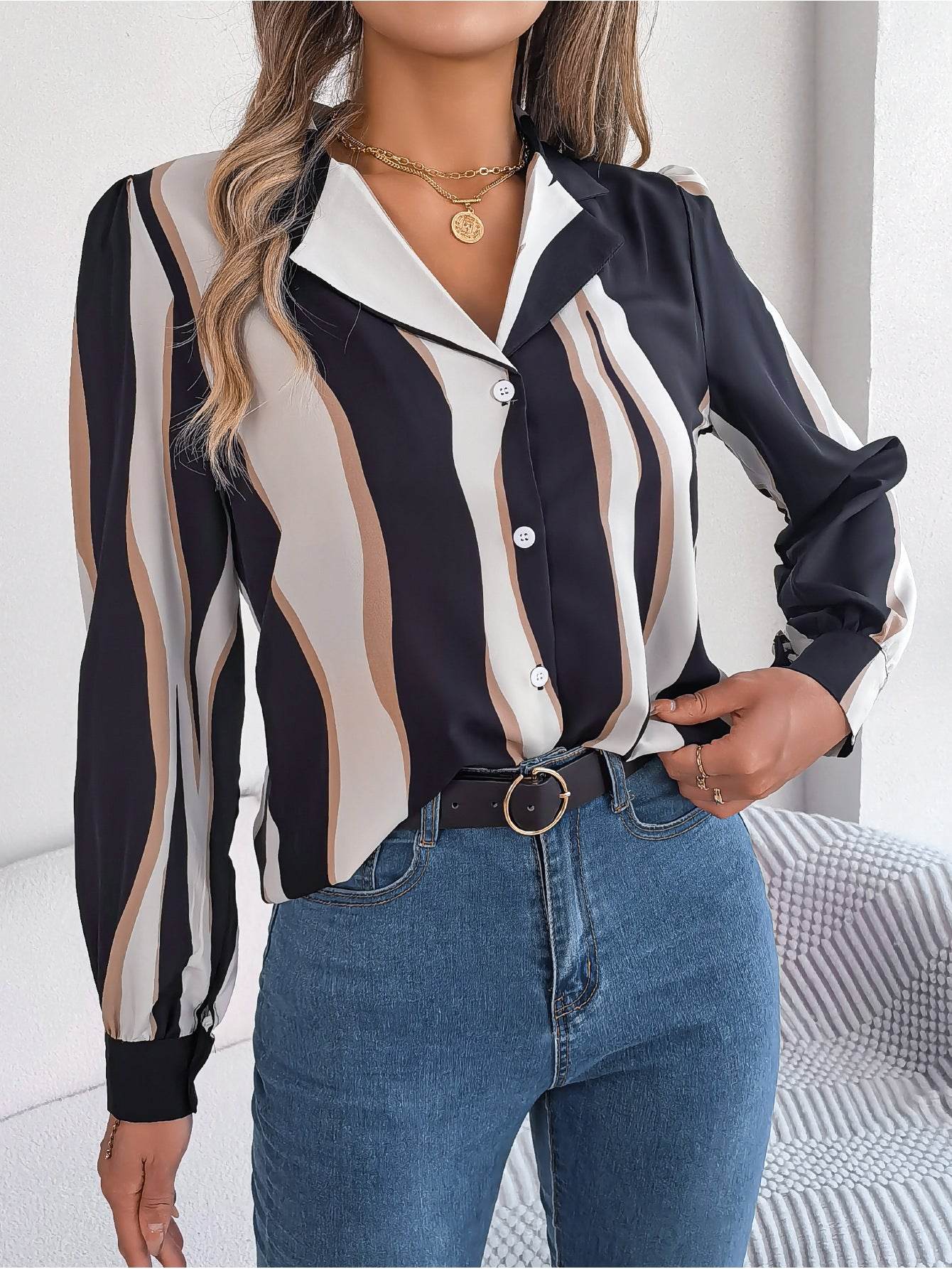 Casual Versatile Contrasting Striped Long Sleeved Shirt - MYLUXURY LANE ENTERPRISE