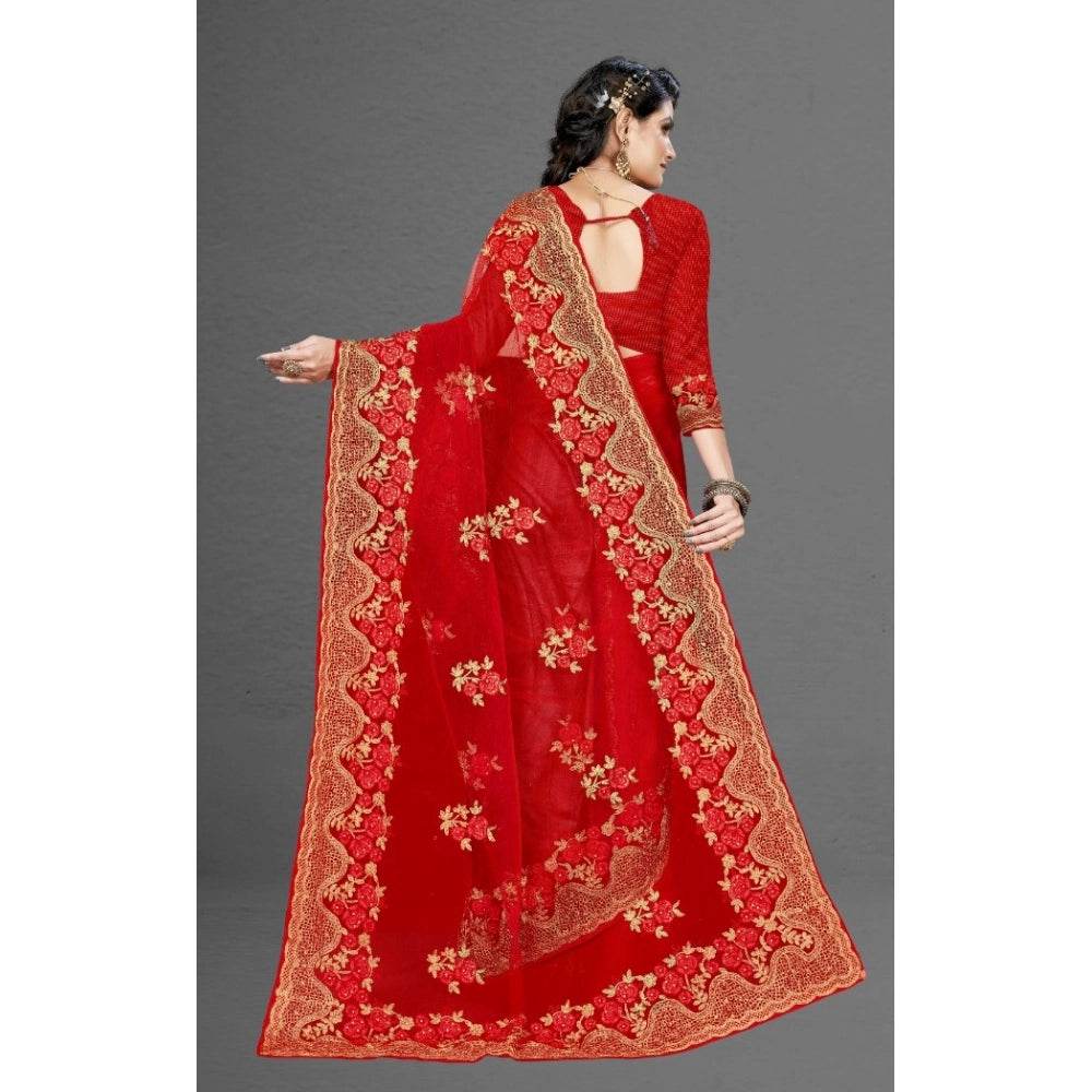 Generic Women's Net Saree With Blouse (Red, 5-6Mtrs) - MYLUXURY LANE ENTERPRISE