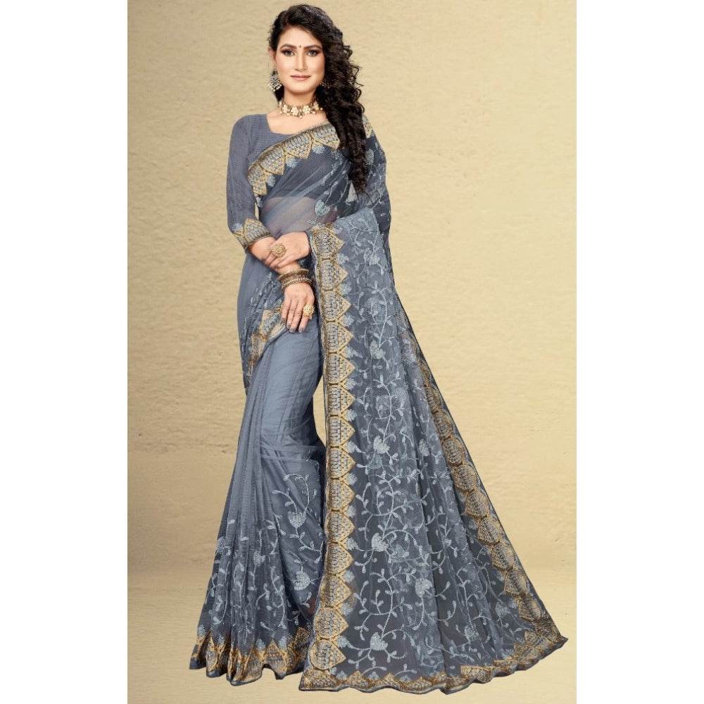 Generic Women's Net Saree With Blouse (Grey, 5-6Mtrs) - MYLUXURY LANE ENTERPRISE