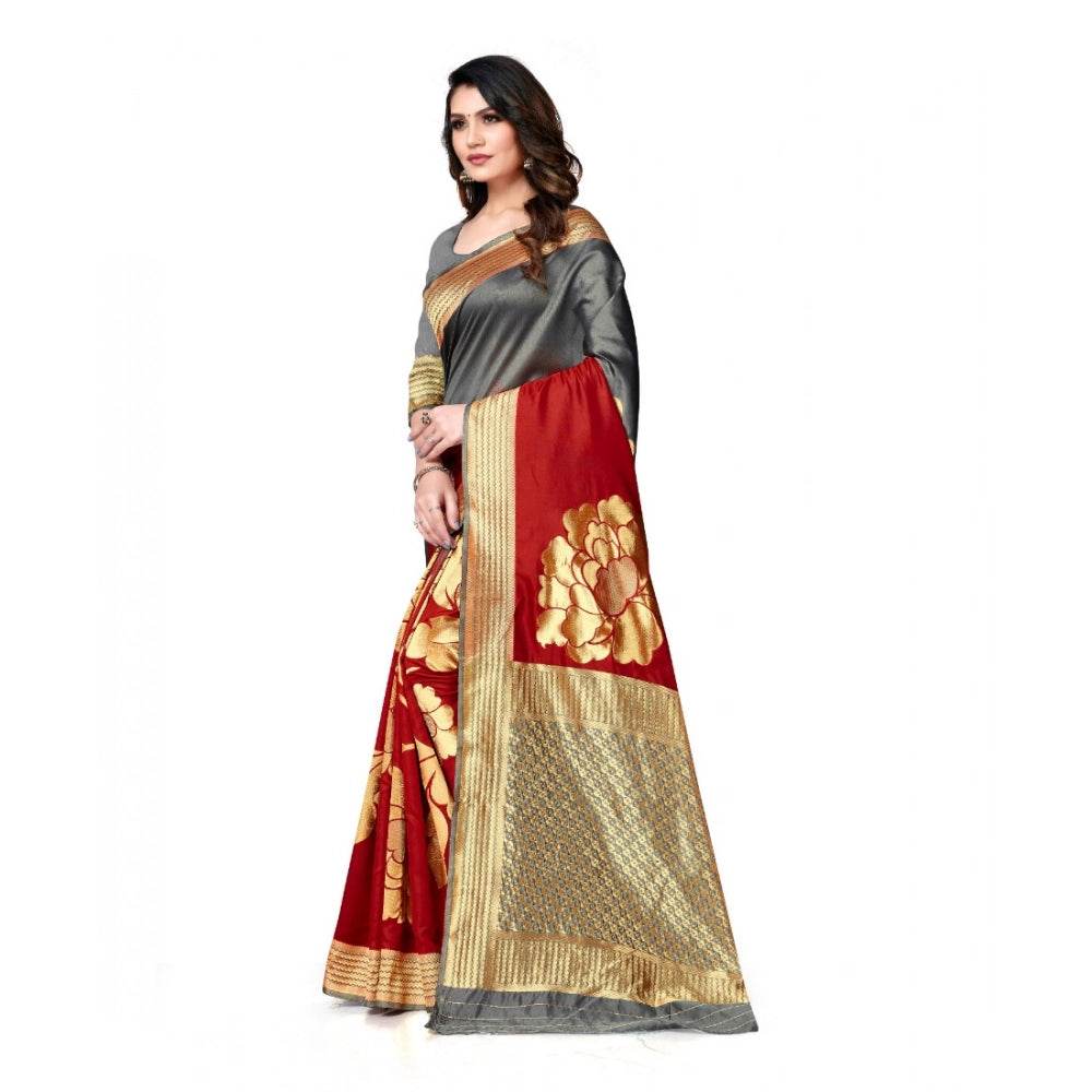 Generic Women's Banarasi Silk Saree With Blouse (Grey, Red, 5-6Mtrs) - MYLUXURY LANE ENTERPRISE