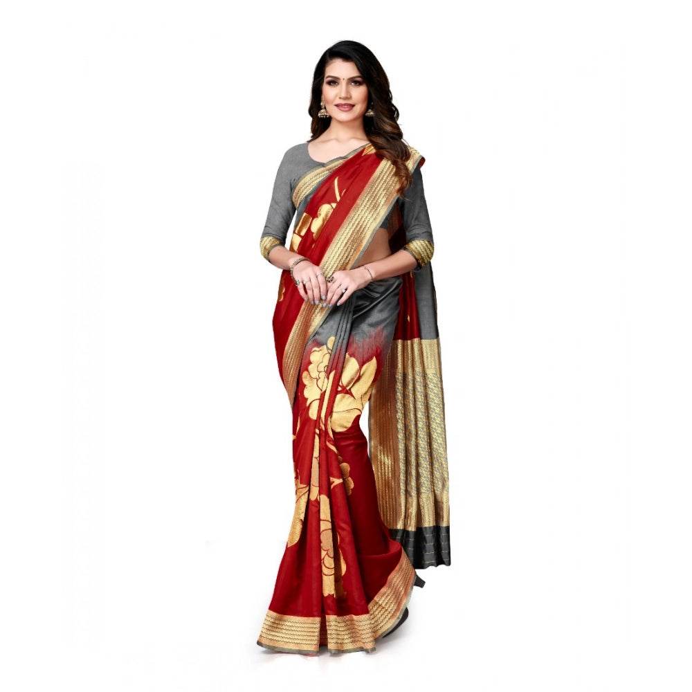 Generic Women's Banarasi Silk Saree With Blouse (Grey, Red, 5-6Mtrs) - MYLUXURY LANE ENTERPRISE