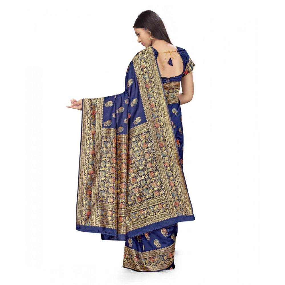 Generic Women's Banarasi Silk Saree With Blouse (Navy Blue, 5-6Mtrs) - MYLUXURY LANE ENTERPRISE