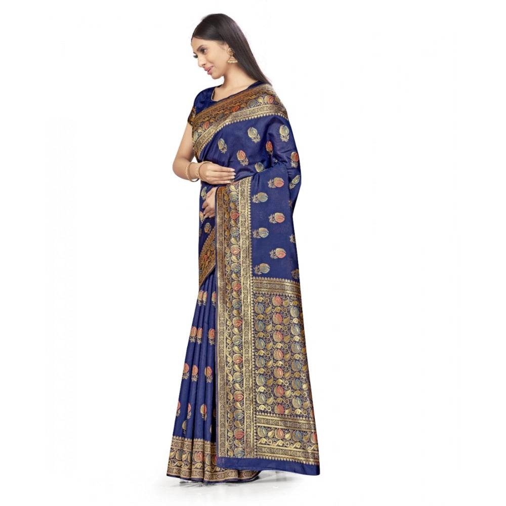 Generic Women's Banarasi Silk Saree With Blouse (Navy Blue, 5-6Mtrs) - MYLUXURY LANE ENTERPRISE