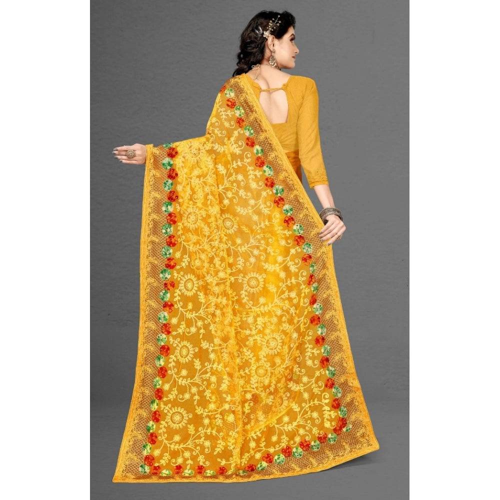 Generic Women's Net Saree With Blouse (Yellow, 5-6Mtrs) - MYLUXURY LANE ENTERPRISE