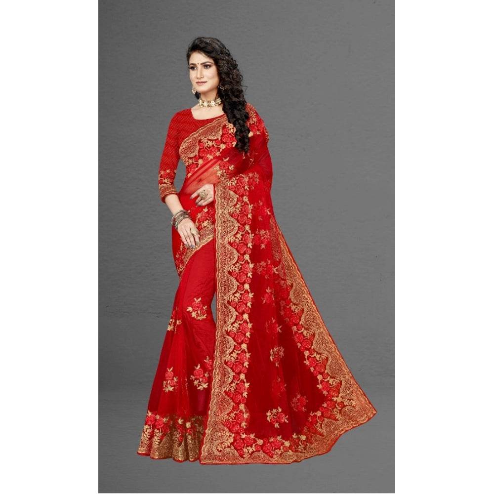 Generic Women's Net Saree With Blouse (Red, 5-6Mtrs) - MYLUXURY LANE ENTERPRISE