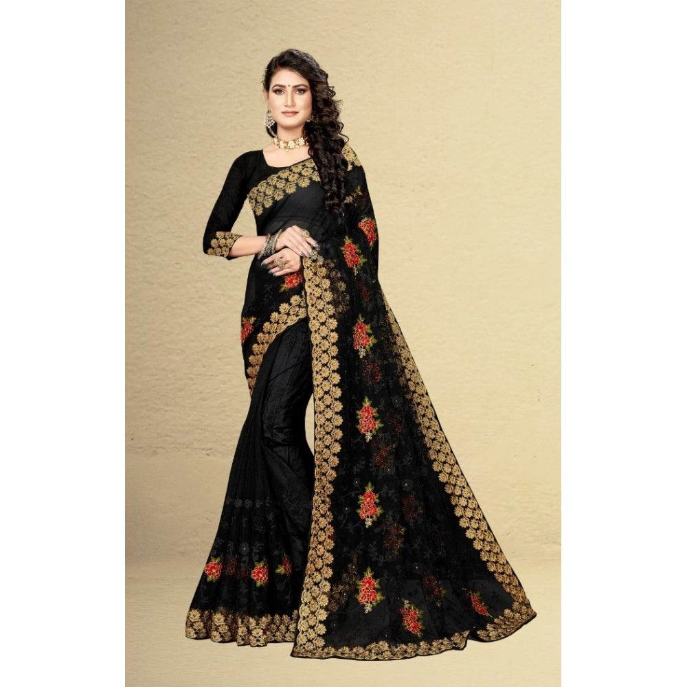 Generic Women's Net Saree With Blouse (Black, 5-6Mtrs) - MYLUXURY LANE ENTERPRISE