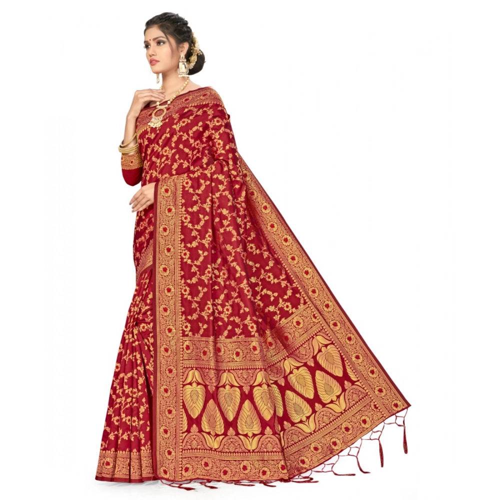 Generic Women's Banarasi Silk Saree With Blouse (Maroon, 5-6Mtrs) - MYLUXURY LANE ENTERPRISE