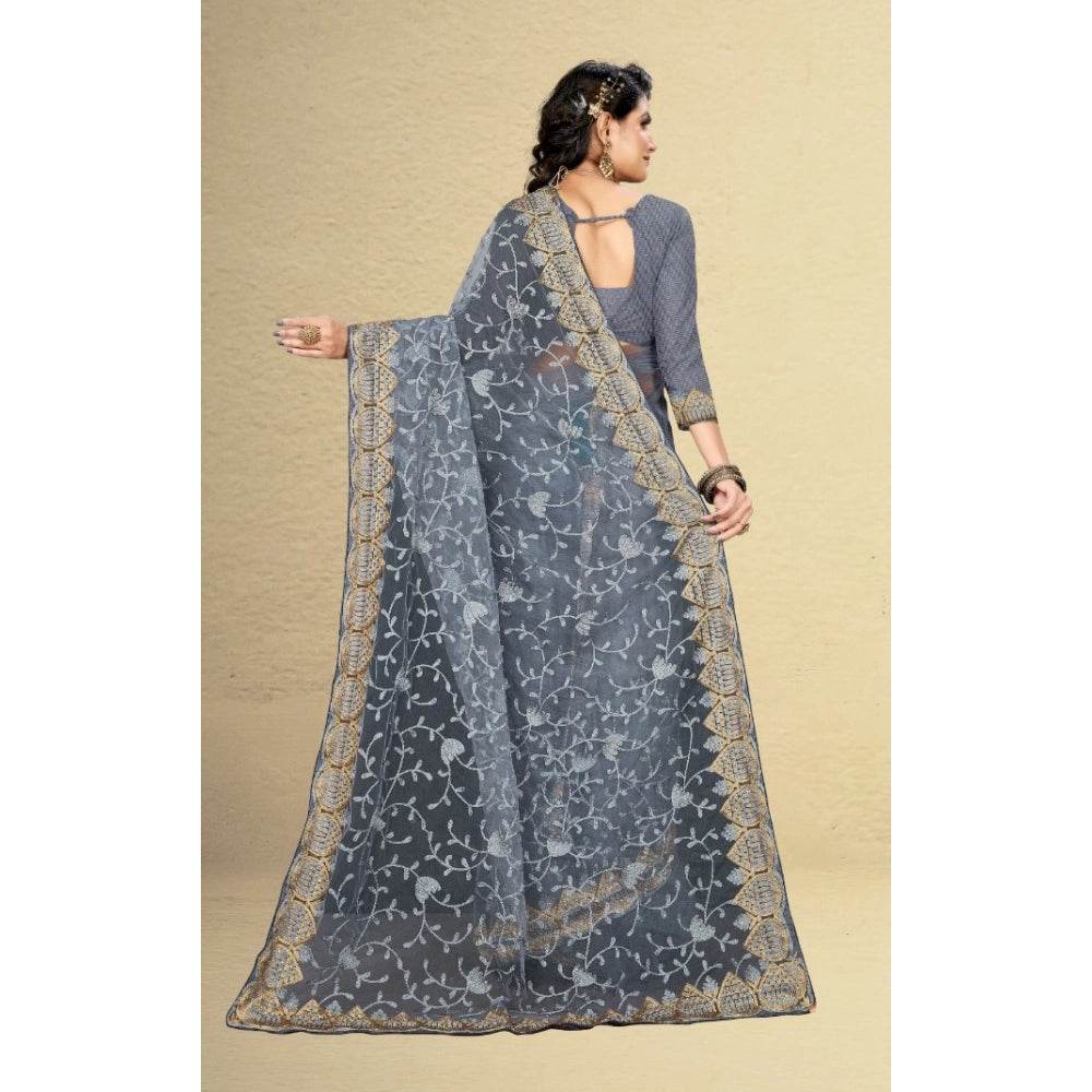 Generic Women's Net Saree With Blouse (Grey, 5-6Mtrs) - MYLUXURY LANE ENTERPRISE