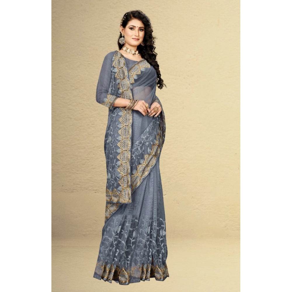 Generic Women's Net Saree With Blouse (Grey, 5-6Mtrs) - MYLUXURY LANE ENTERPRISE