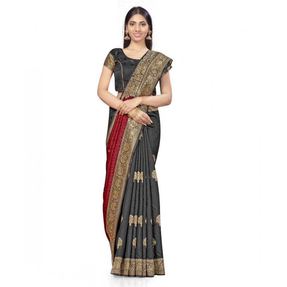 Generic Women's Banarasi Silk Saree With Blouse (Black, Red, 5-6Mtrs) - MYLUXURY LANE ENTERPRISE