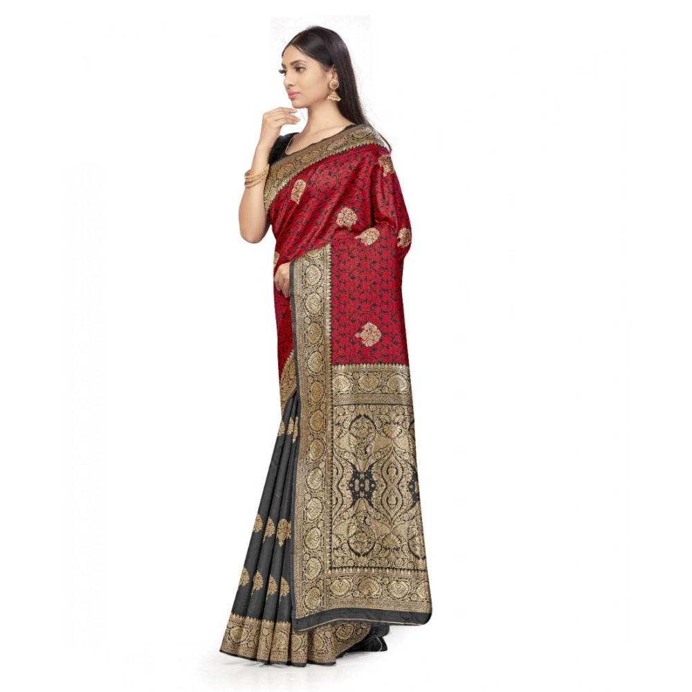 Generic Women's Banarasi Silk Saree With Blouse (Black, Red, 5-6Mtrs) - MYLUXURY LANE ENTERPRISE
