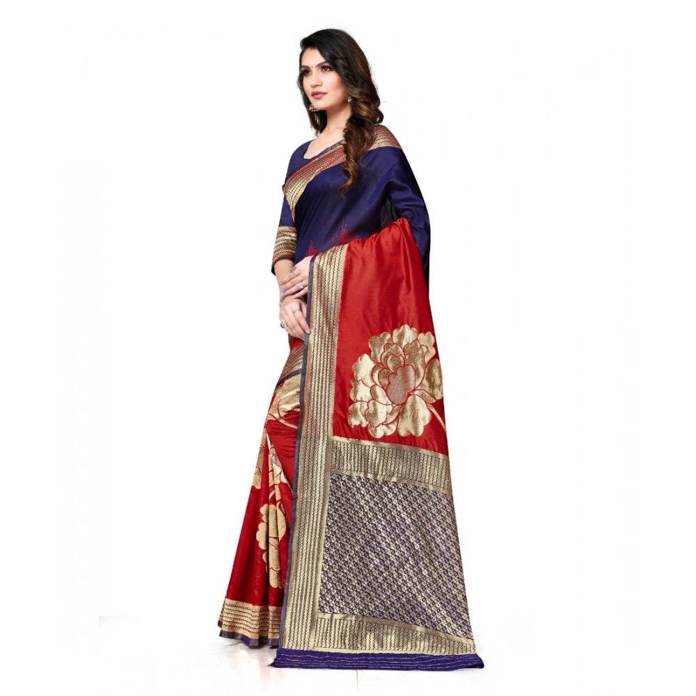 Generic Women's Banarasi Silk Saree With Blouse (Navy Blue, Red, 5-6Mtrs) - MYLUXURY LANE ENTERPRISE