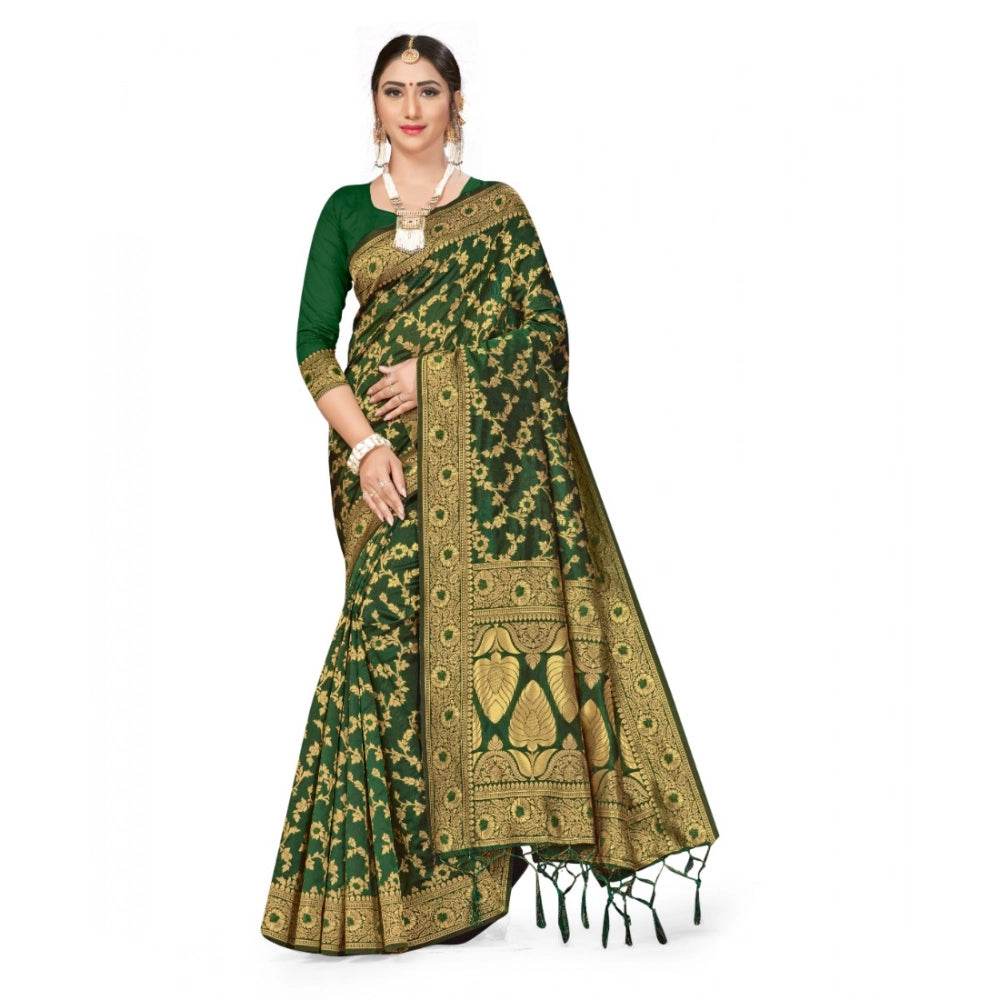 Generic Women's Banarasi Silk Saree With Blouse (Green, 5-6Mtrs) - MYLUXURY LANE ENTERPRISE