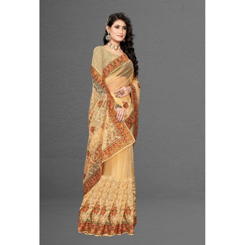 Generic Women's Net Saree With Blouse (Chiku, 5-6Mtrs) - MYLUXURY LANE ENTERPRISE