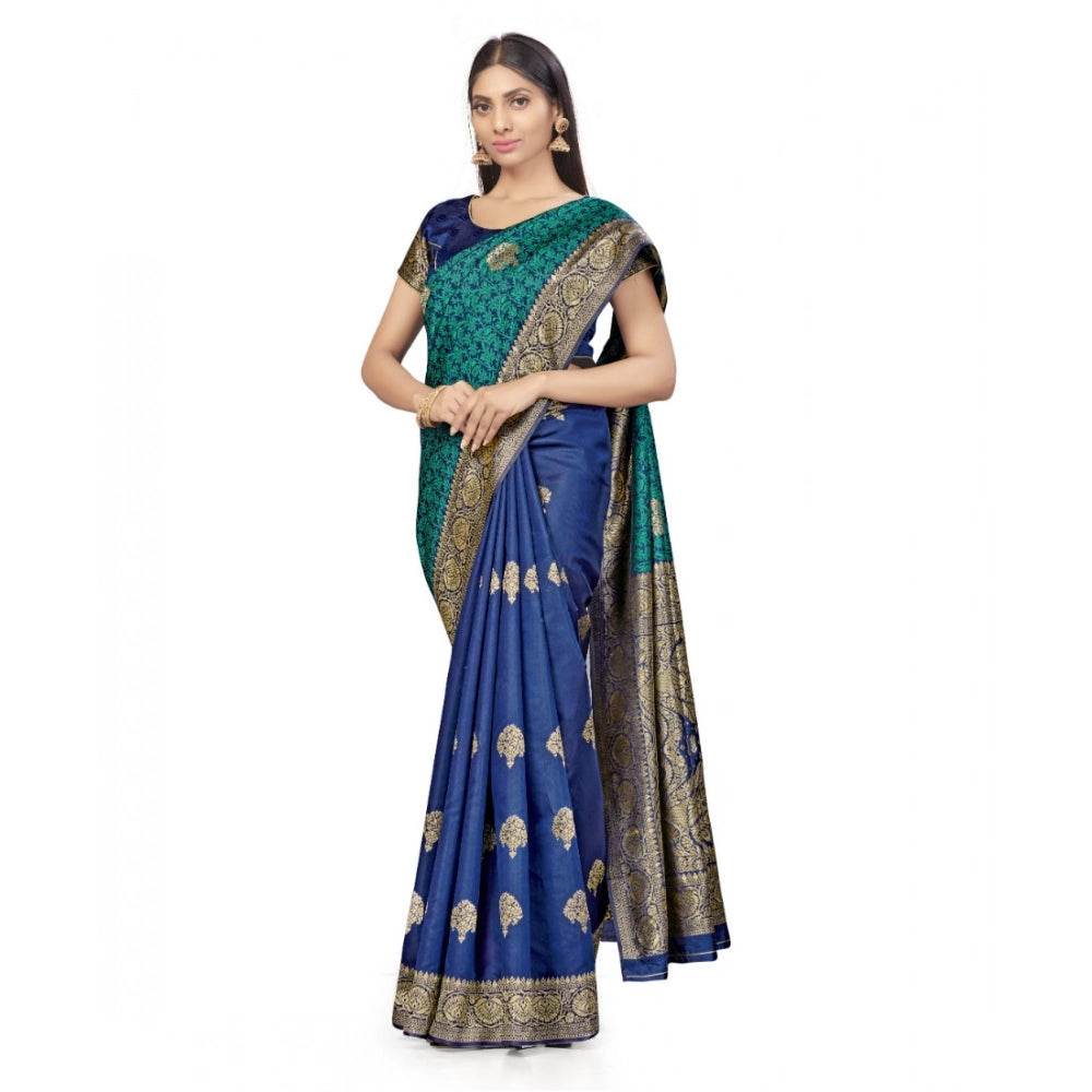 Generic Women's Banarasi Silk Saree With Blouse (Navy Blue, Rama, 5-6Mtrs) - MYLUXURY LANE ENTERPRISE